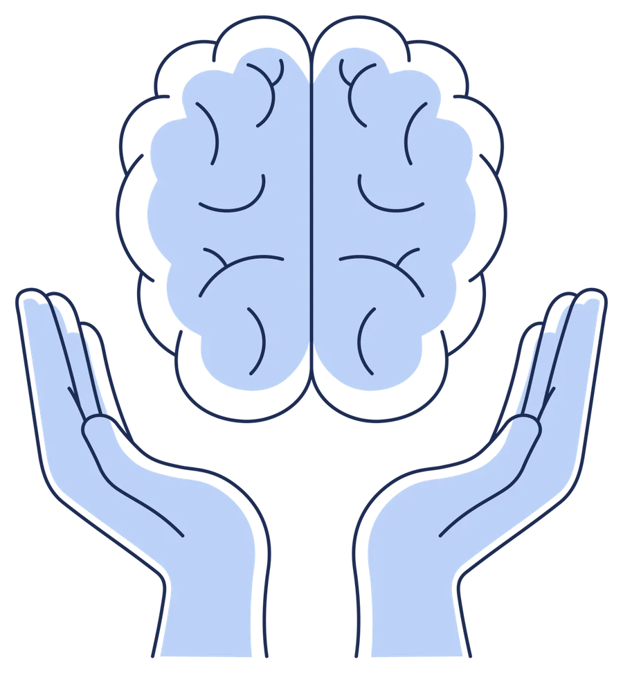 Ilustración de unas manos sosteniendo un cerebro, psicóloga en Valladolid